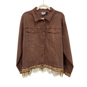 DG2 By Diane Gilman Jacket Plus Size 2X Button Front Beaded Fringe Hem Neutral